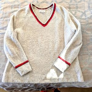 Boutique brand Velvet sweater, fuzzy white with red and black accents, size M